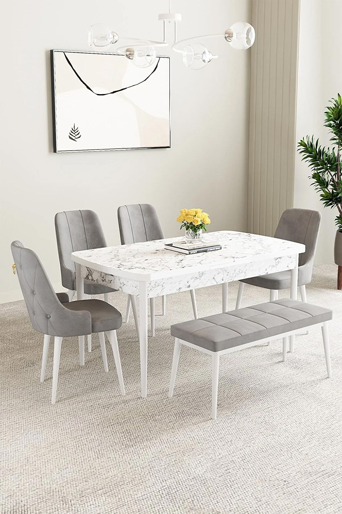 Mabel Beyaz Mermer Desen 80x132 Açılabilir Mdf Yemek Odası Takımı 4 Sandalye, 1 Bench