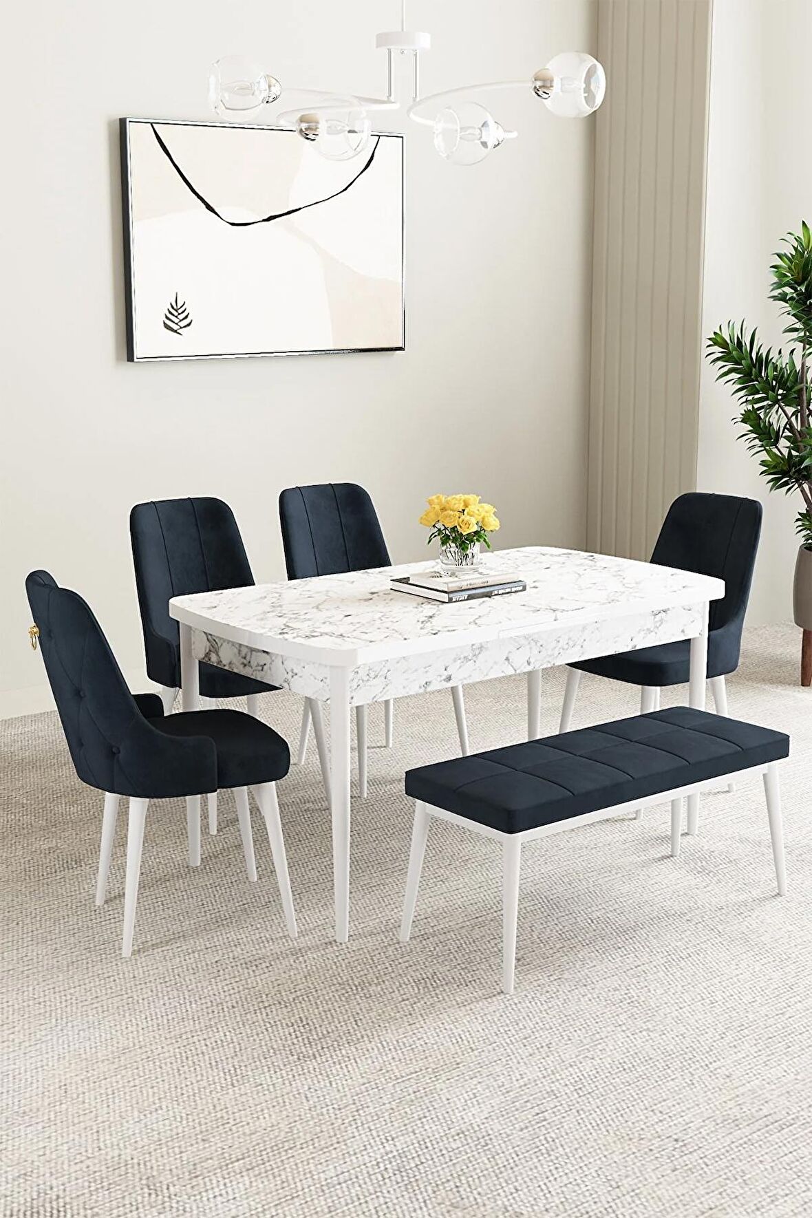 Mabel Beyaz Mermer Desen 80x132 Açılabilir Mdf Yemek Odası Takımı 4 Sandalye, 1 Bench