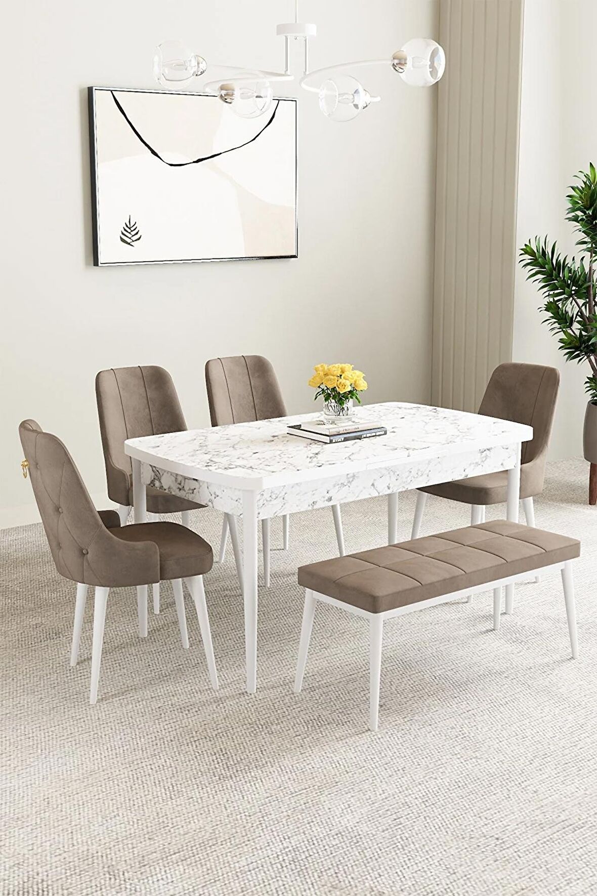 Mabel Beyaz Mermer Desen 80x132 Açılabilir Mdf Yemek Odası Takımı 4 Sandalye, 1 Bench