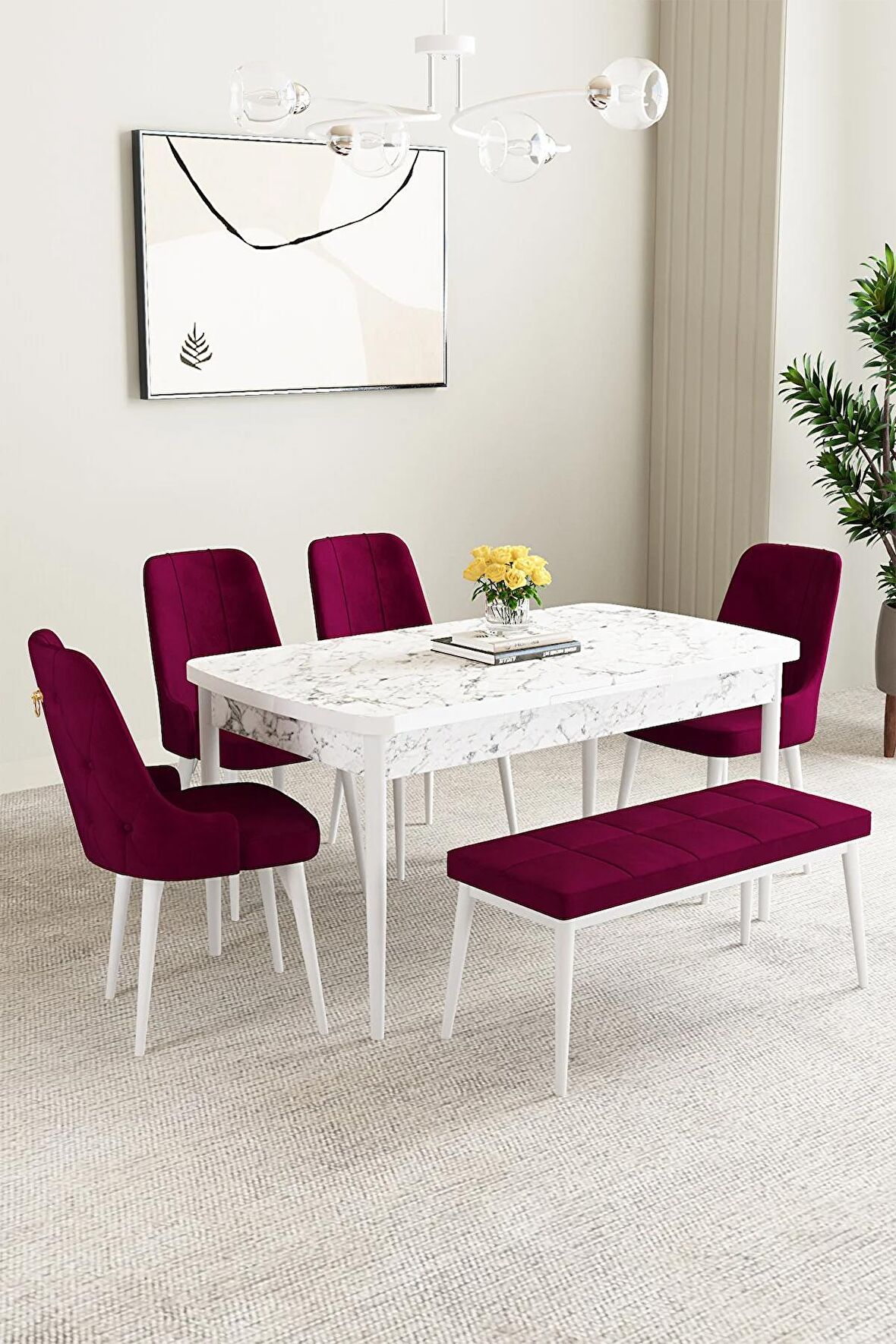 Mabel Beyaz Mermer Desen 80x132 Açılabilir Mdf Yemek Odası Takımı 4 Sandalye, 1 Bench