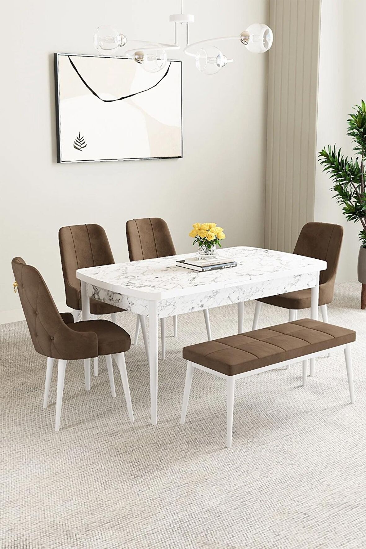 Mabel Beyaz Mermer Desen 80x132 Açılabilir Mdf Yemek Odası Takımı 4 Sandalye, 1 Bench