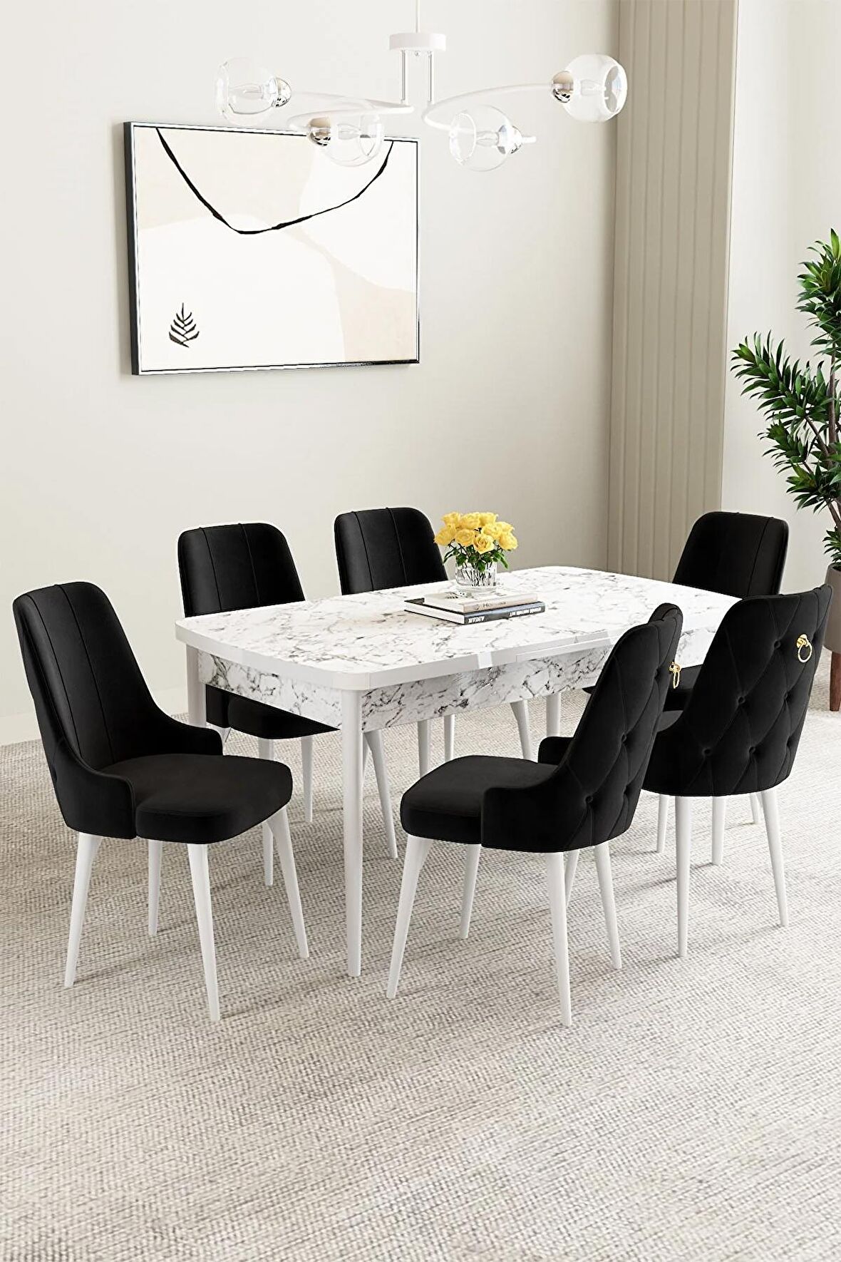 Mabel Beyaz Mermer Desen 80x132 Açılabilir Mdf Yemek Odası Takımı 6 Adet Sandalye