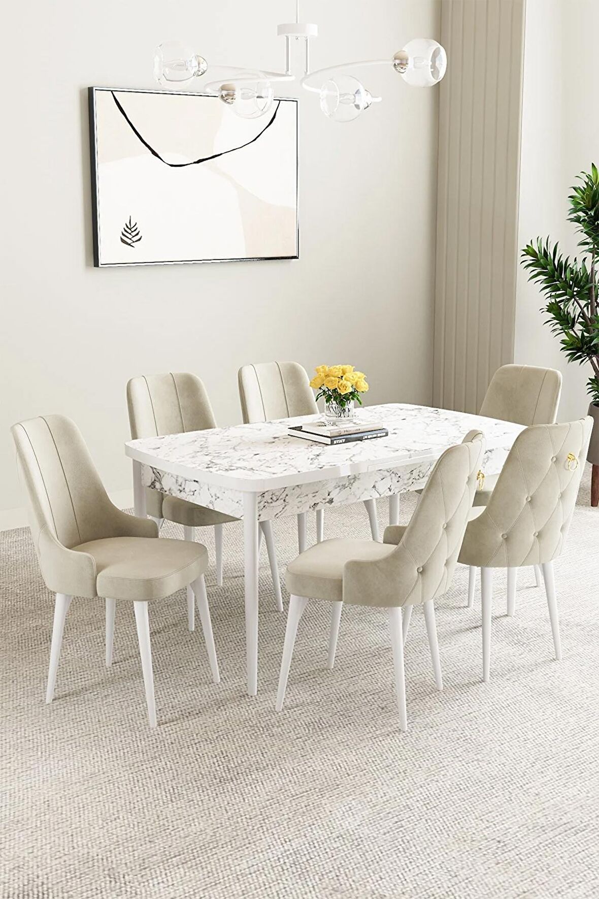 Mabel Beyaz Mermer Desen 80x132 Açılabilir Mdf Yemek Odası Takımı 6 Adet Sandalye