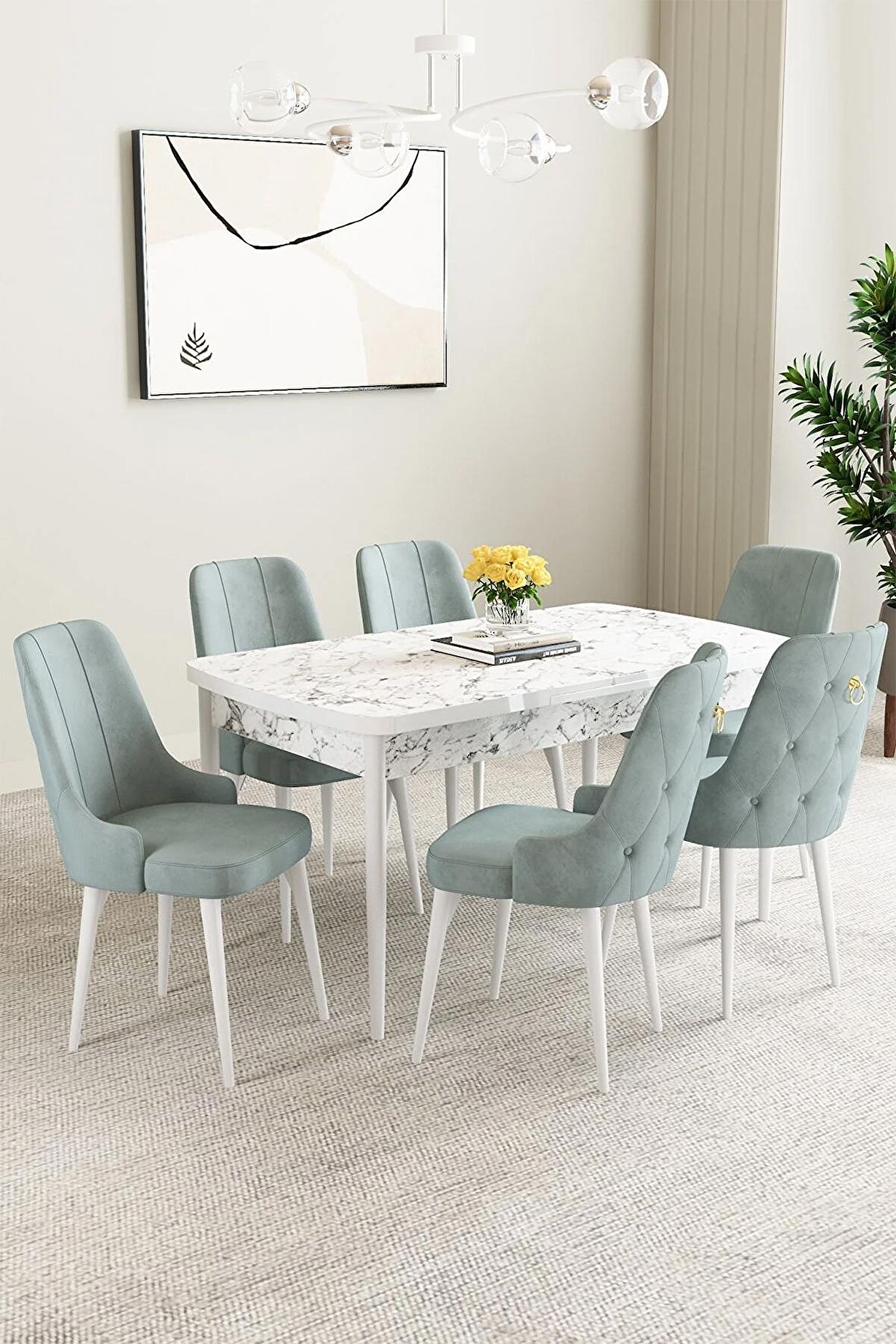Mabel Beyaz Mermer Desen 80x132 Açılabilir Mdf Yemek Odası Takımı 6 Adet Sandalye