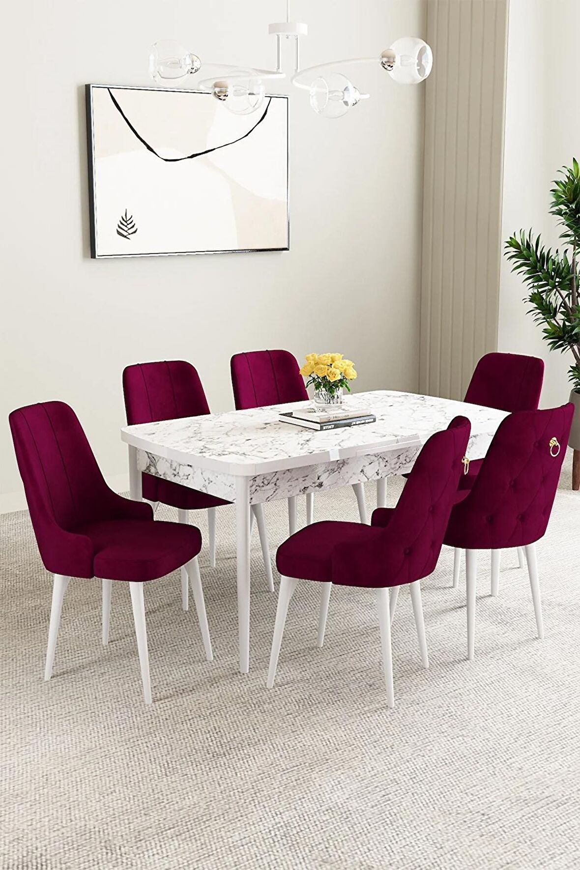 Mabel Beyaz Mermer Desen 80x132 Açılabilir Mdf Yemek Odası Takımı 6 Adet Sandalye