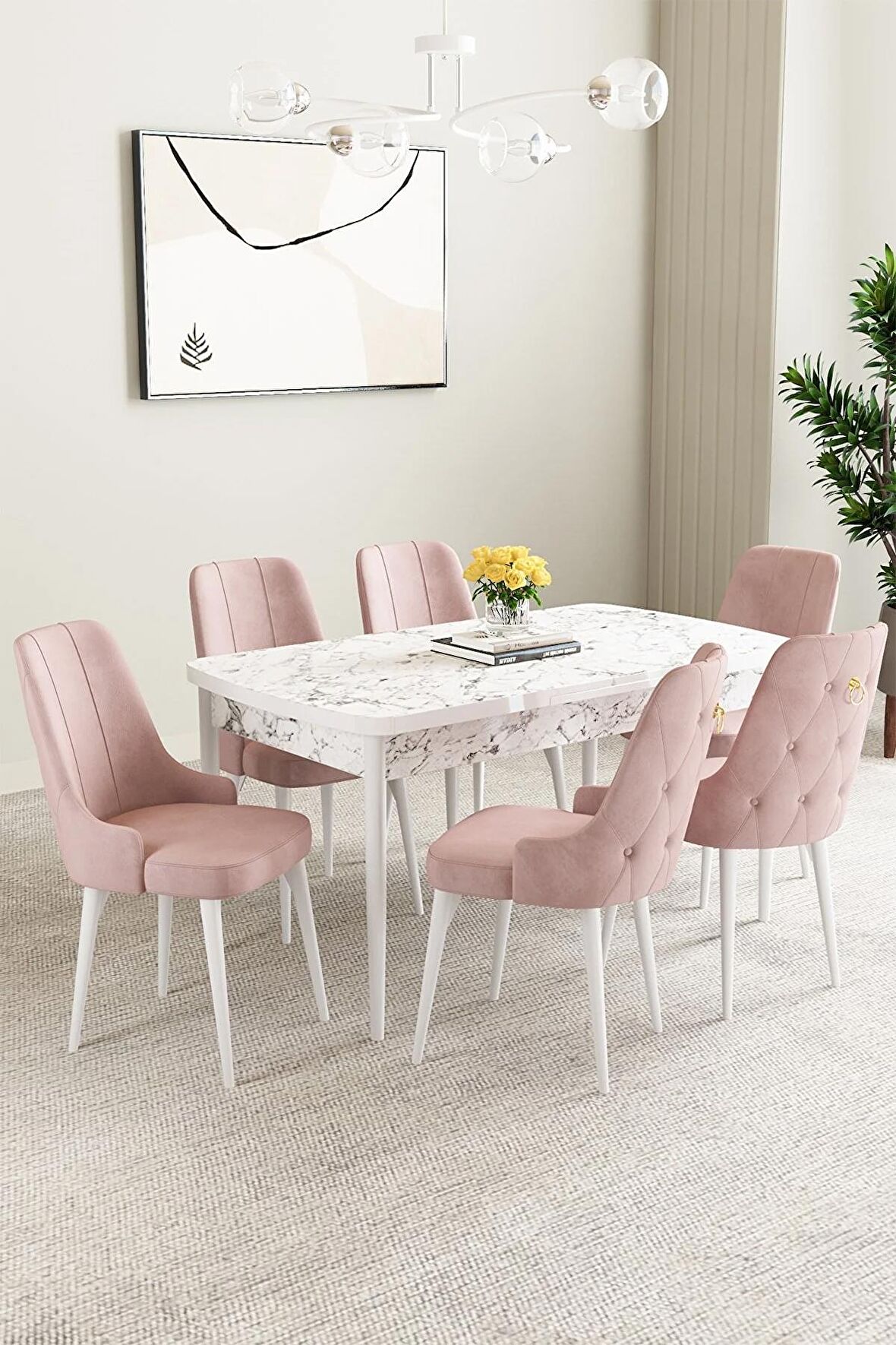 Mabel Beyaz Mermer Desen 80x132 Açılabilir Mdf Yemek Odası Takımı 6 Adet Sandalye