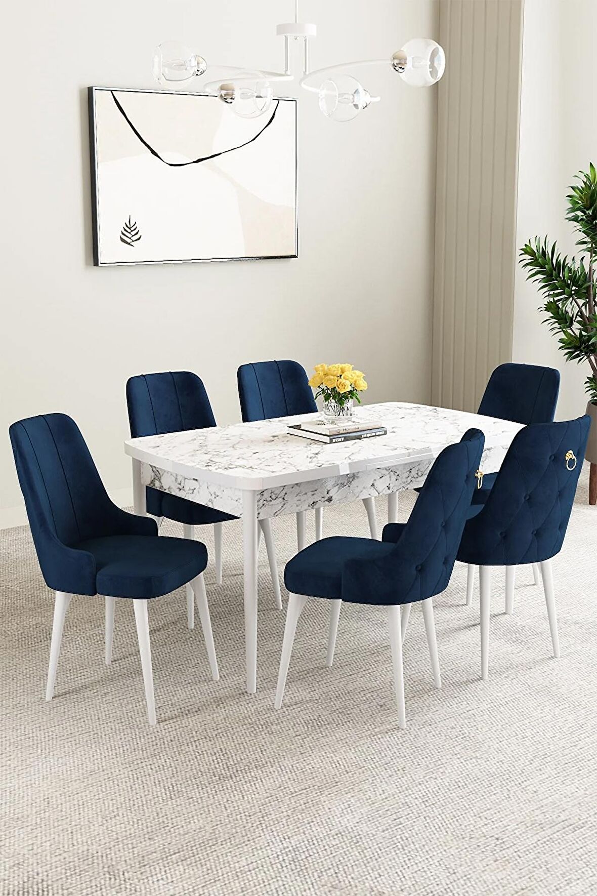Mabel Beyaz Mermer Desen 80x132 Açılabilir Mdf Yemek Odası Takımı 6 Adet Sandalye