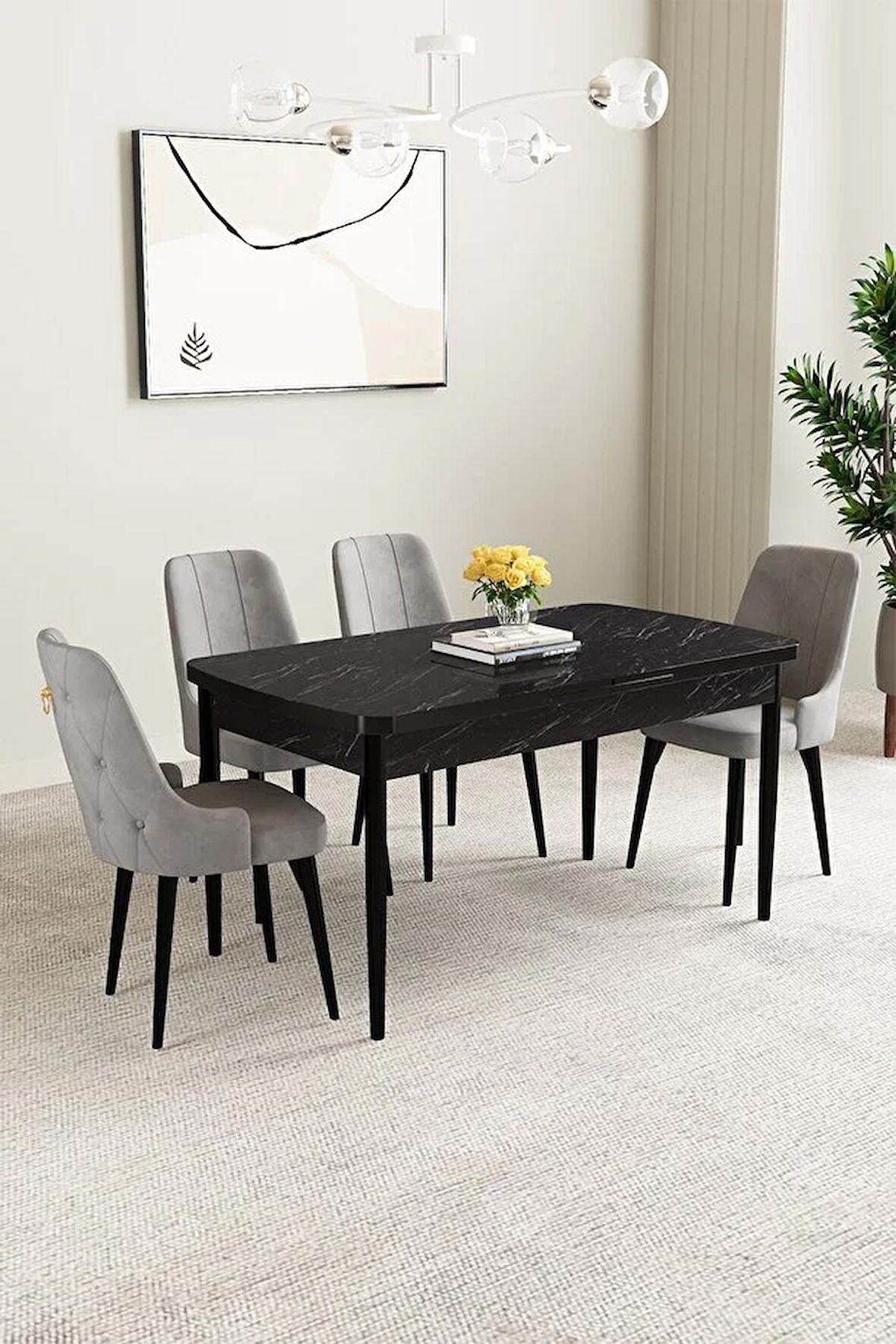 Mabel Siyah Mermer Desen 80x132 Açılabilir Mdf Yemek Odası Takımı 4 Adet Sandalye