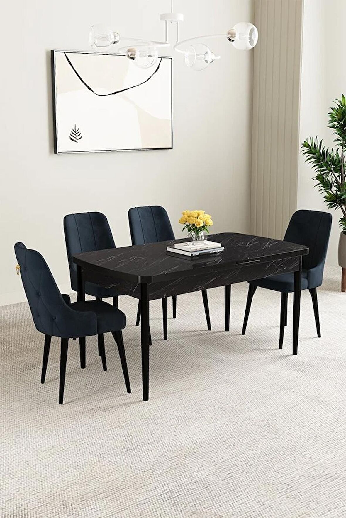 Mabel Siyah Mermer Desen 80x132 Açılabilir Mdf Yemek Odası Takımı 4 Adet Sandalye
