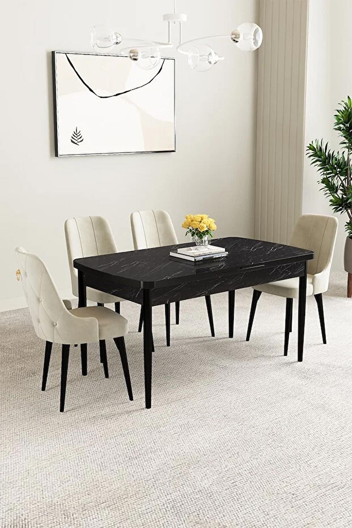 Mabel Siyah Mermer Desen 80x132 Açılabilir Mdf Yemek Odası Takımı 4 Adet Sandalye