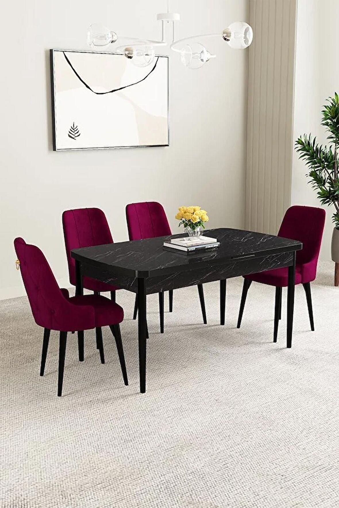 Mabel Siyah Mermer Desen 80x132 Açılabilir Mdf Yemek Odası Takımı 4 Adet Sandalye