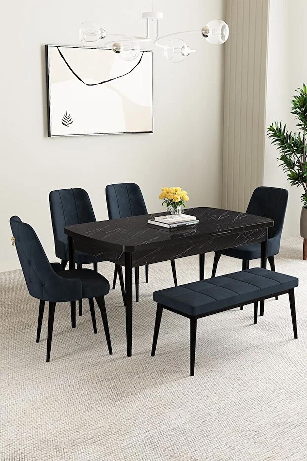 Mabel Siyah Mermer Desen 80x132 Açılabilir Mdf Yemek Odası Takımı 4 Sandalye, 1 Bench