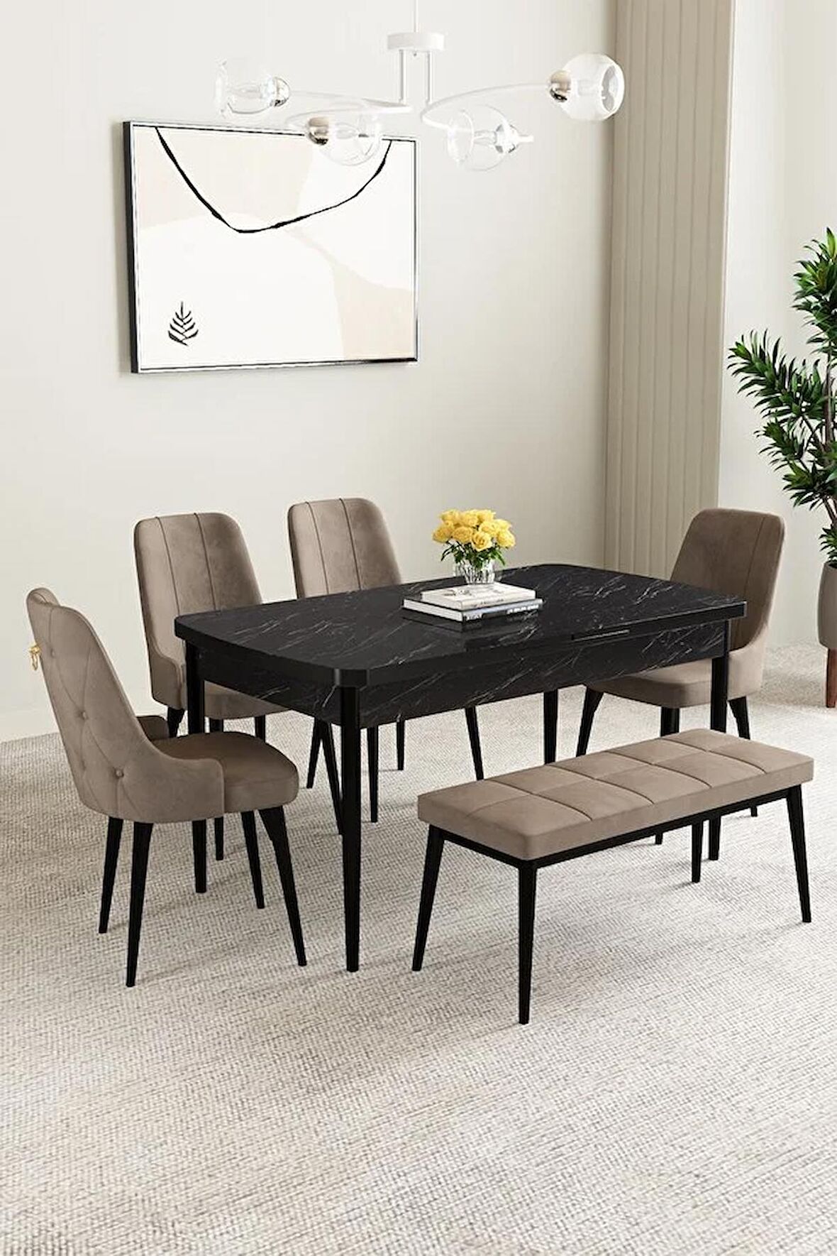 Mabel Siyah Mermer Desen 80x132 Açılabilir Mdf Yemek Odası Takımı 4 Sandalye, 1 Bench