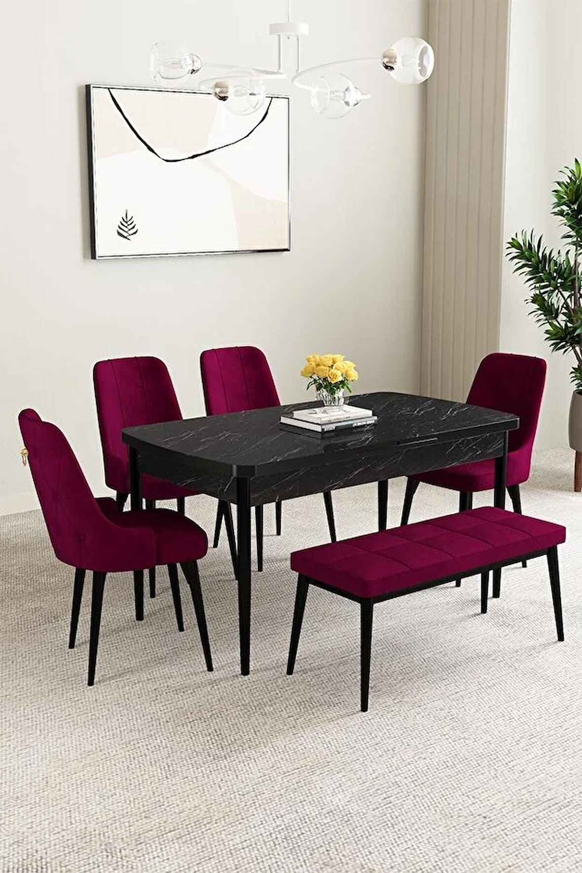 Mabel Siyah Mermer Desen 80x132 Açılabilir Mdf Yemek Odası Takımı 4 Sandalye, 1 Bench