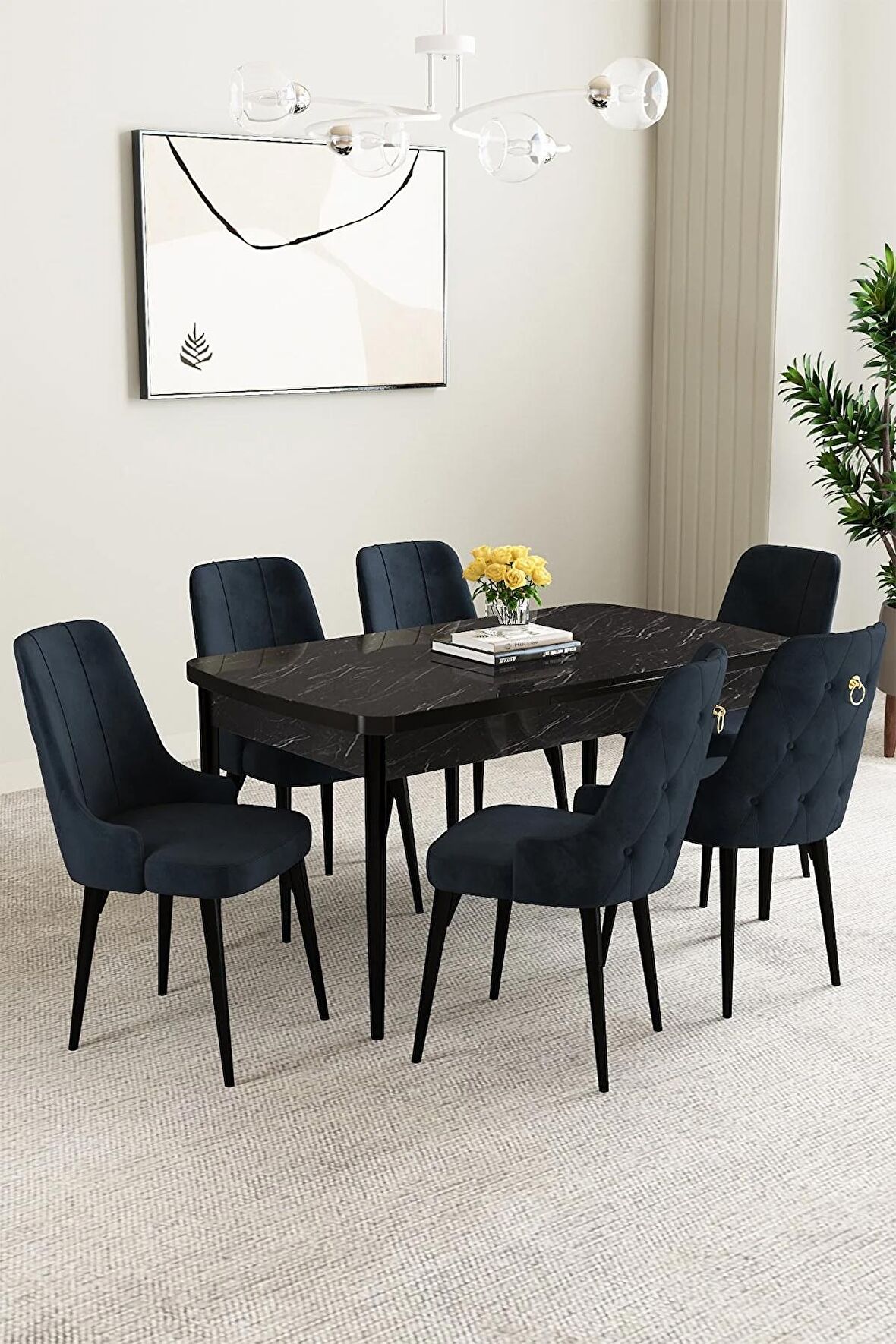 Mabel Siyah Mermer Desen 80x132 Açılabilir Mdf Yemek Odası Takımı 6 Adet Sandalye