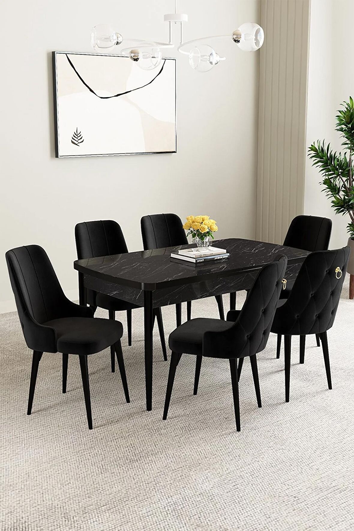 Mabel Siyah Mermer Desen 80x132 Açılabilir Mdf Yemek Odası Takımı 6 Adet Sandalye