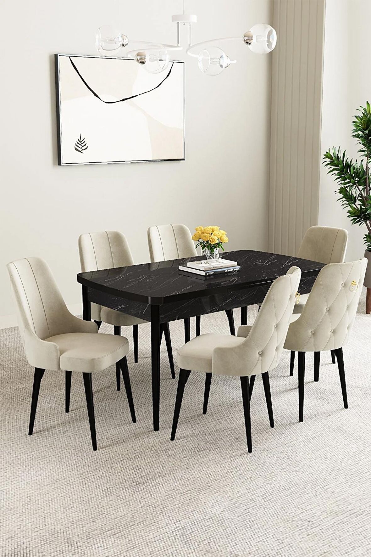 Mabel Siyah Mermer Desen 80x132 Açılabilir Mdf Yemek Odası Takımı 6 Adet Sandalye