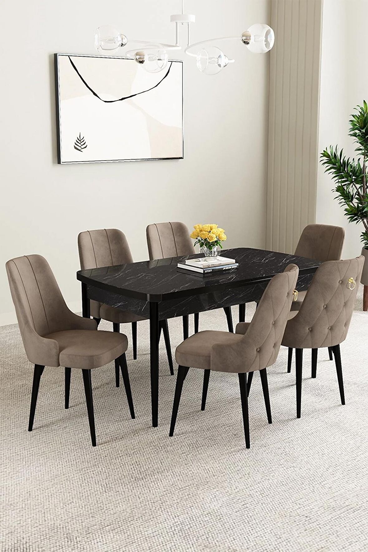 Mabel Siyah Mermer Desen 80x132 Açılabilir Mdf Yemek Odası Takımı 6 Adet Sandalye