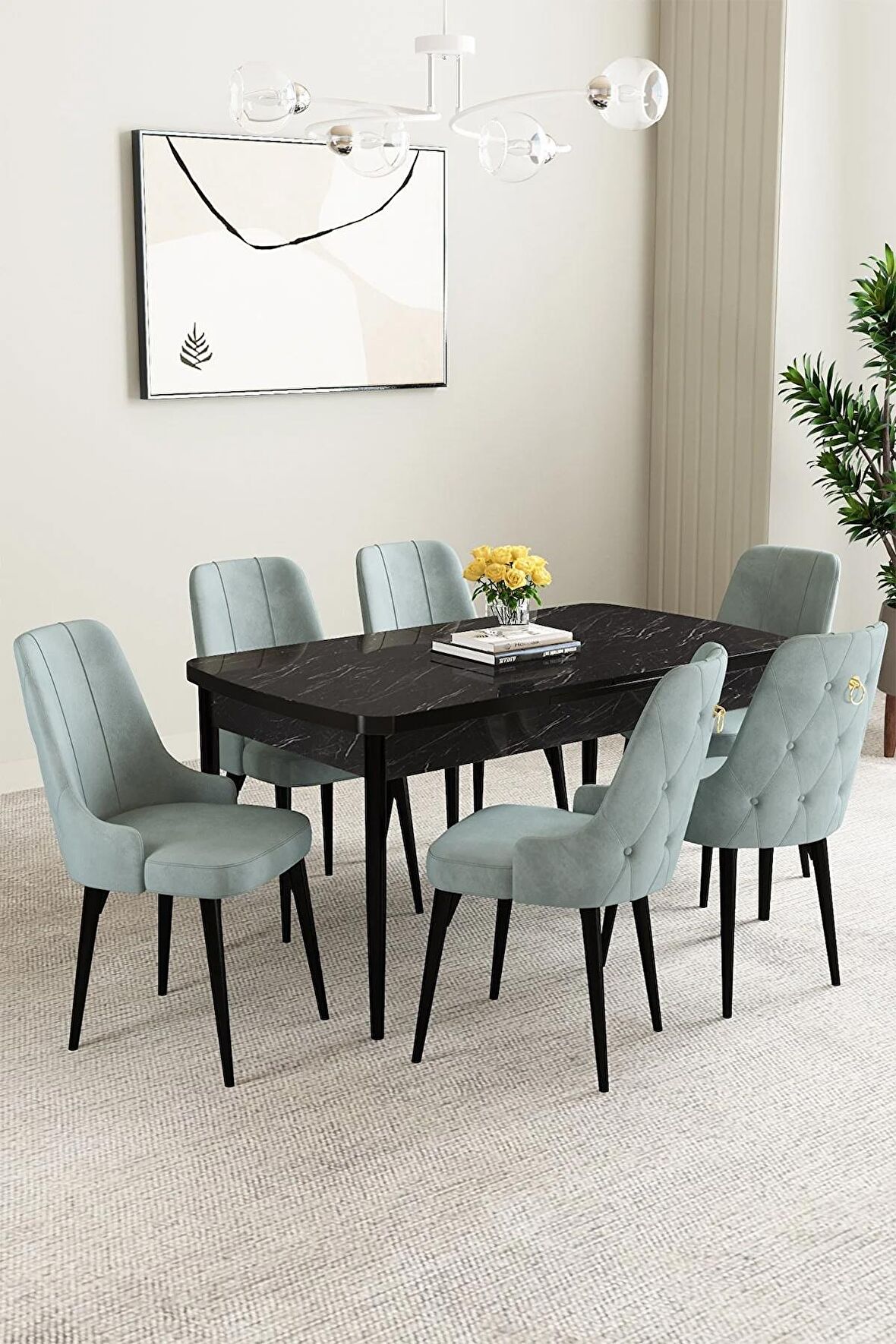 Mabel Siyah Mermer Desen 80x132 Açılabilir Mdf Yemek Odası Takımı 6 Adet Sandalye