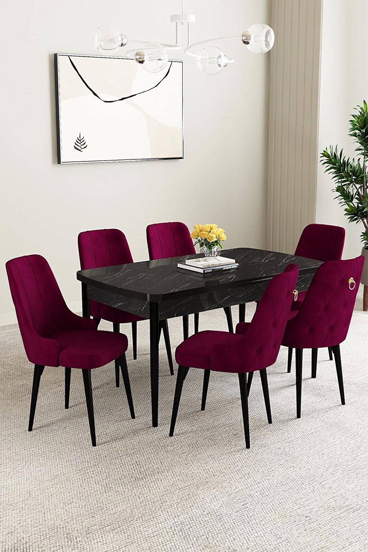 Mabel Siyah Mermer Desen 80x132 Açılabilir Mdf Yemek Odası Takımı 6 Adet Sandalye