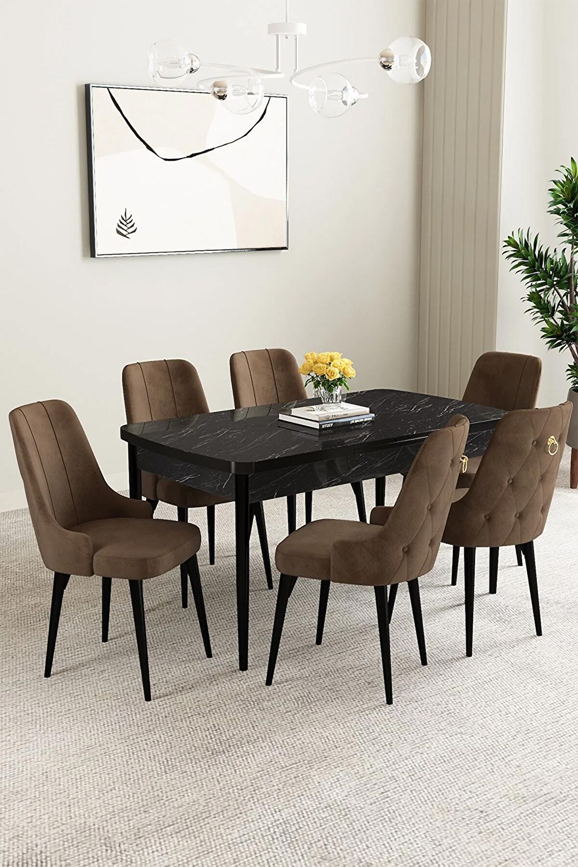 Mabel Siyah Mermer Desen 80x132 Açılabilir Mdf Yemek Odası Takımı 6 Adet Sandalye