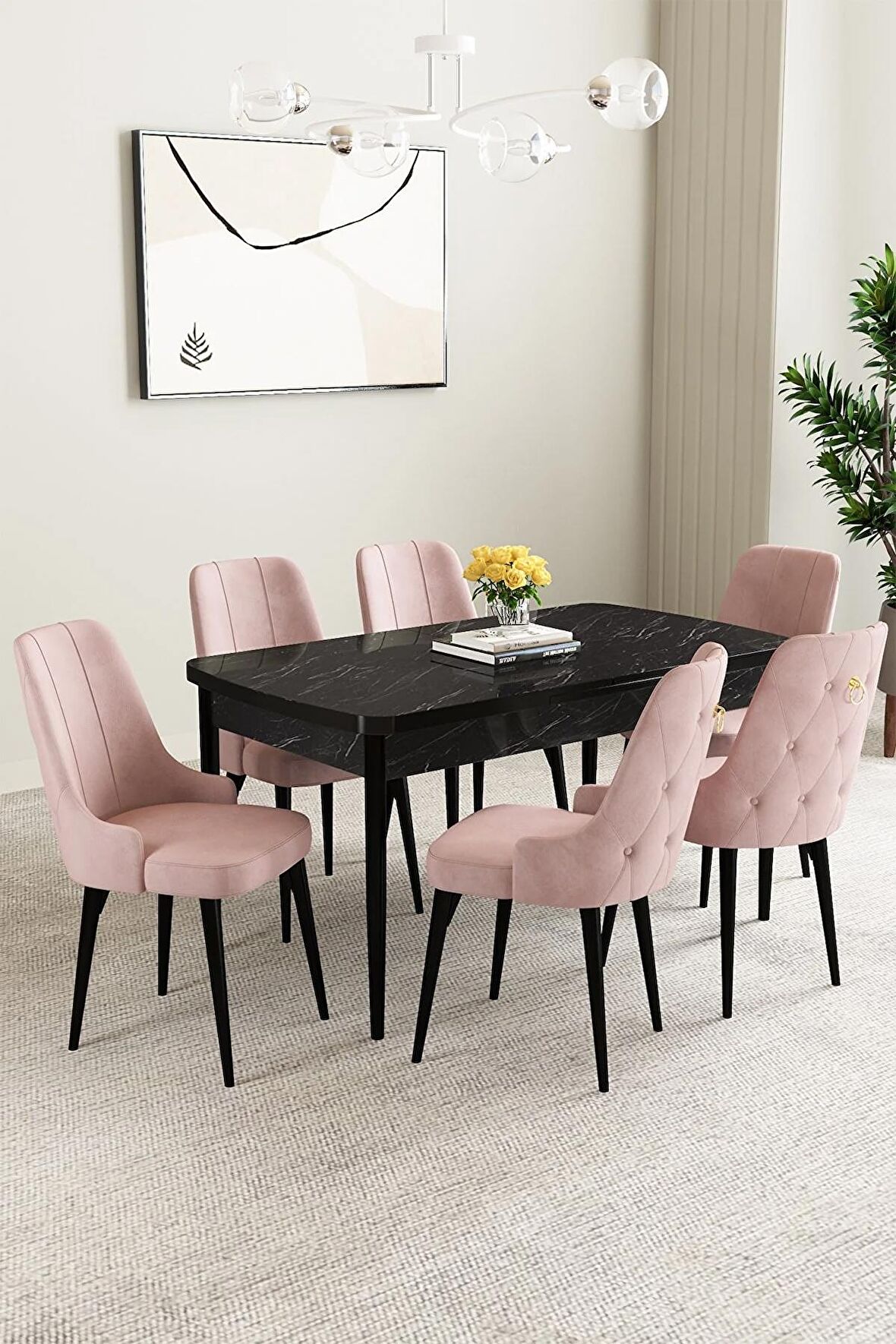 Mabel Siyah Mermer Desen 80x132 Açılabilir Mdf Yemek Odası Takımı 6 Adet Sandalye