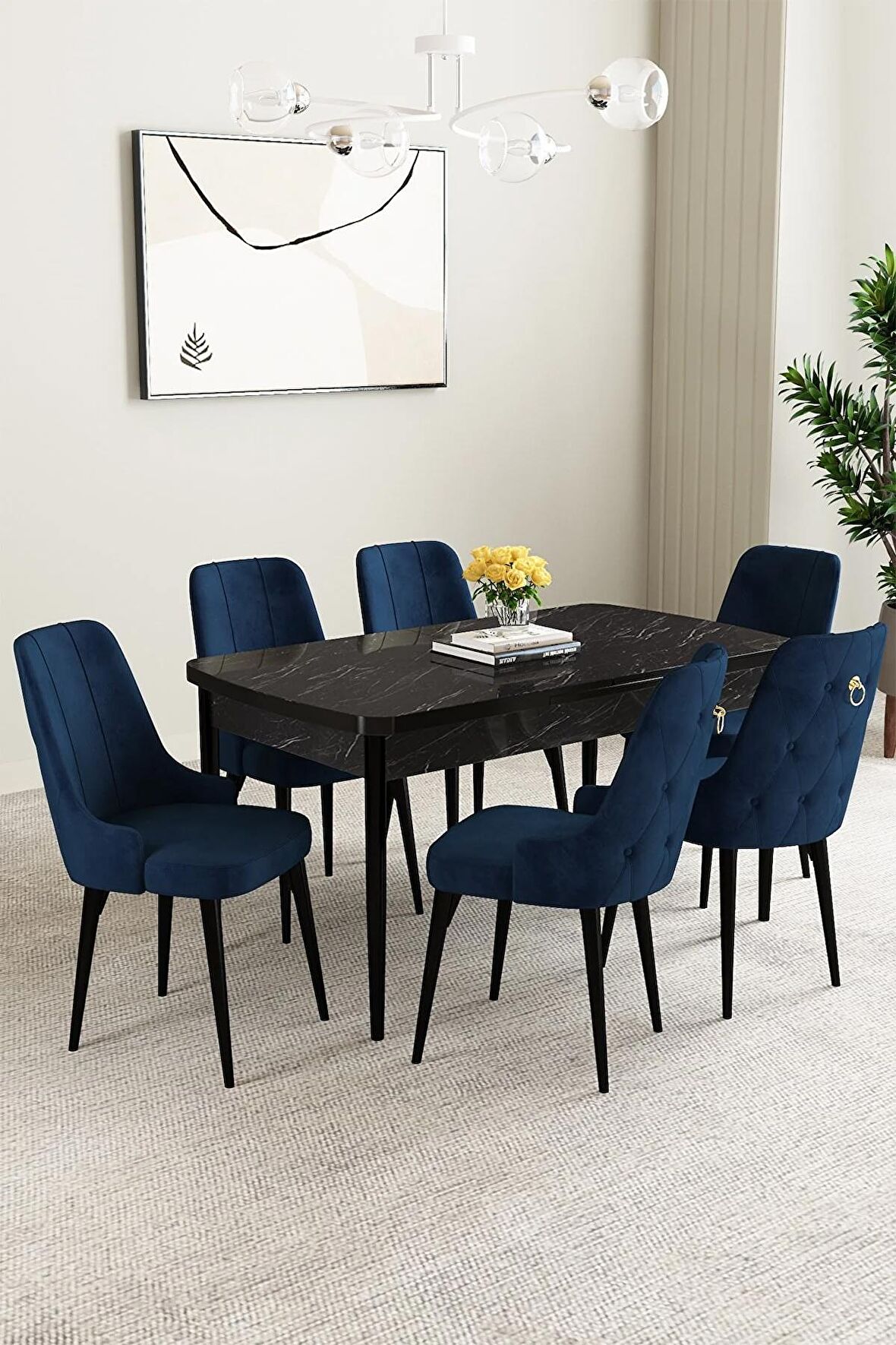 Mabel Siyah Mermer Desen 80x132 Açılabilir Mdf Yemek Odası Takımı 6 Adet Sandalye