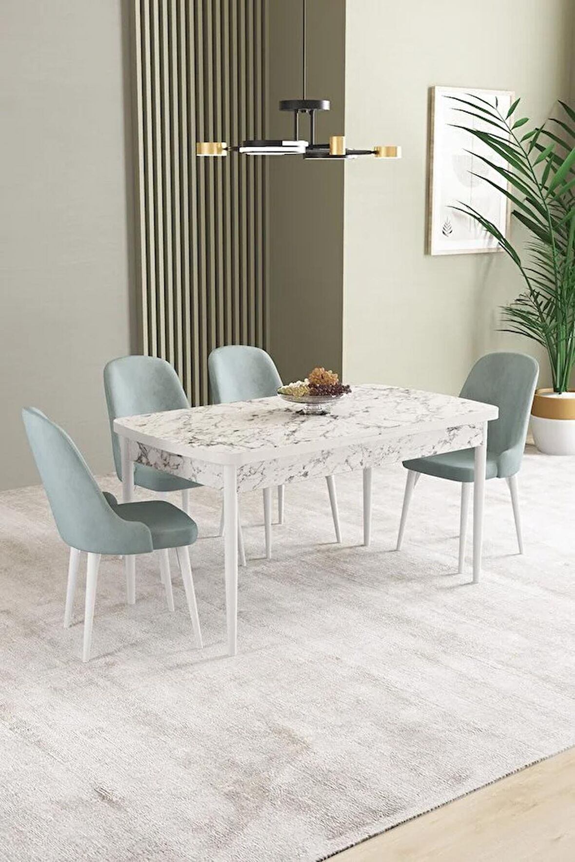 İkon Beyaz Mermer Desen 80x132 Açılabilir Mdf Yemek Odası Takımı 4 Adet Sandalye