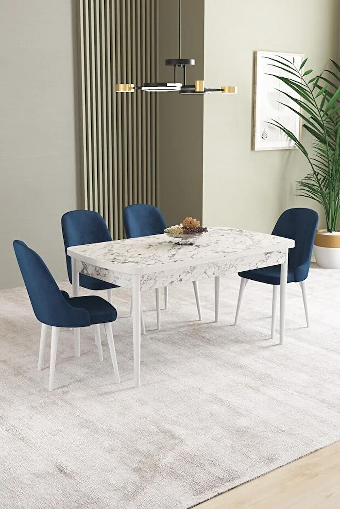 İkon Beyaz Mermer Desen 80x132 Açılabilir Mdf Yemek Odası Takımı 4 Adet Sandalye