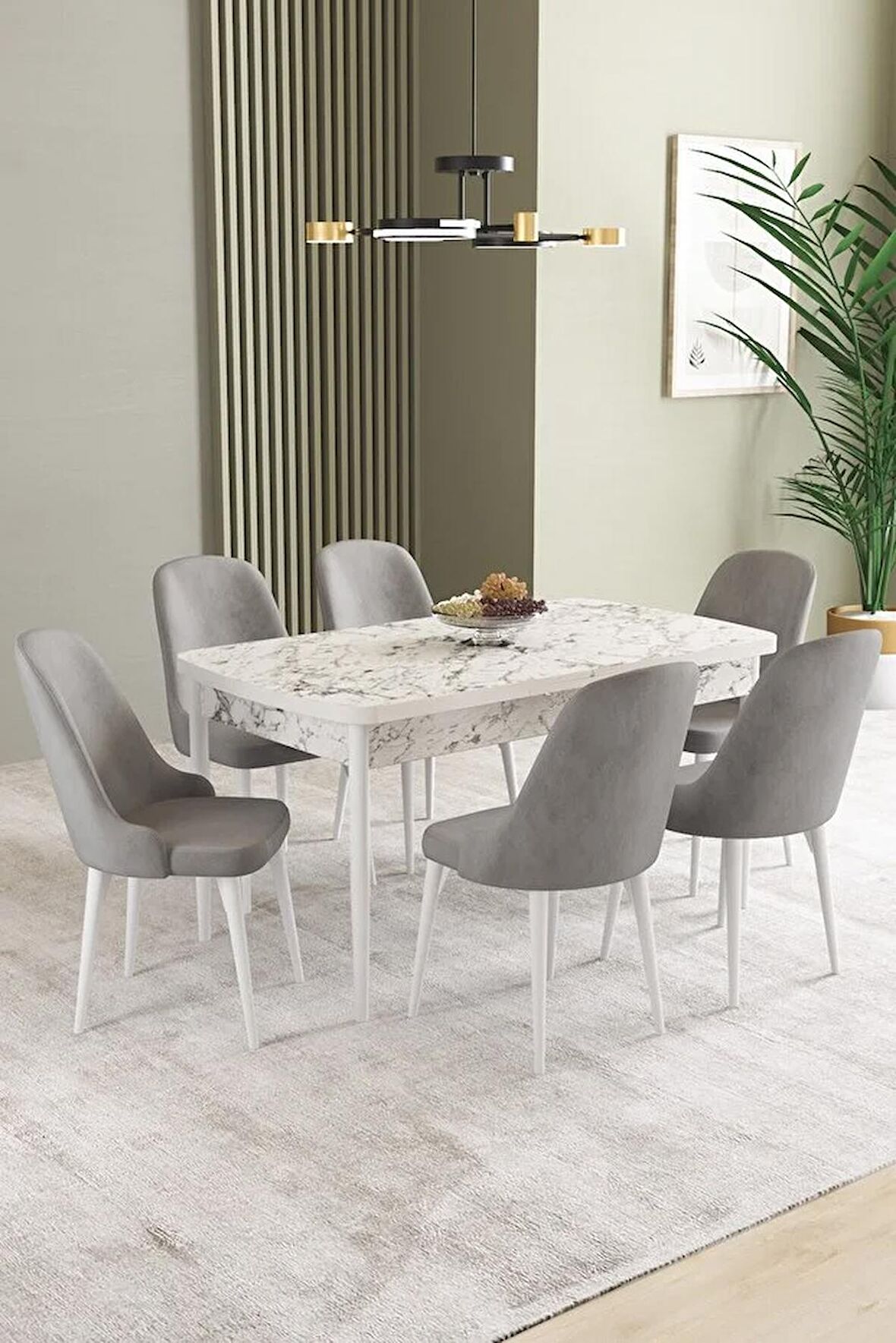 İkon Beyaz Mermer Desen 80x132 Açılabilir Mdf Yemek Odası Takımı 6 Adet Sandalye