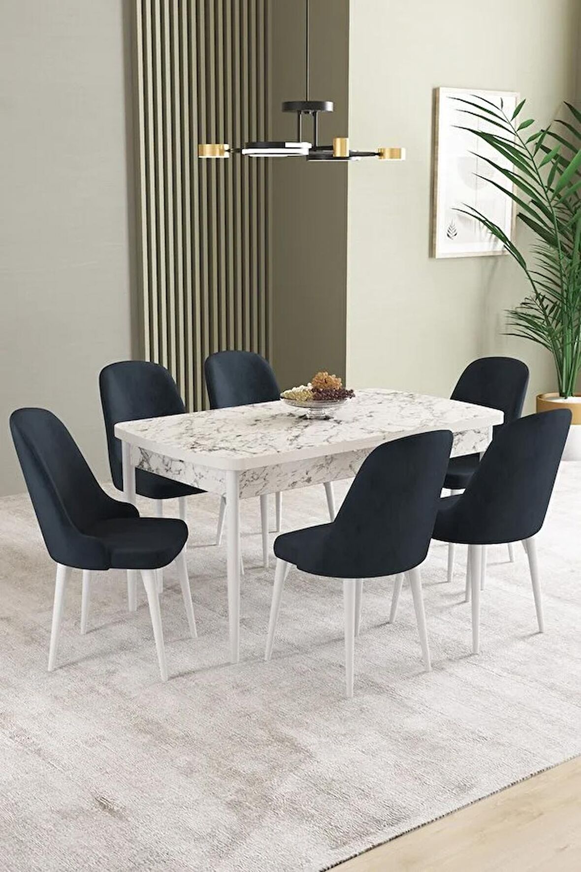 İkon Beyaz Mermer Desen 80x132 Açılabilir Mdf Yemek Odası Takımı 6 Adet Sandalye