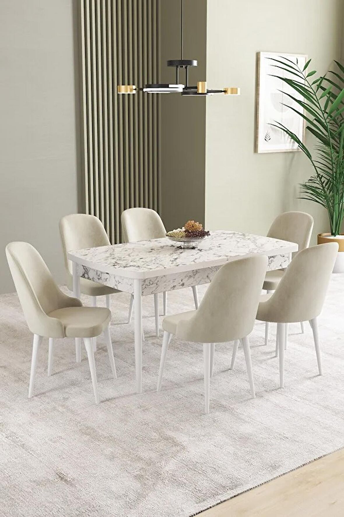 İkon Beyaz Mermer Desen 80x132 Açılabilir Mdf Yemek Odası Takımı 6 Adet Sandalye