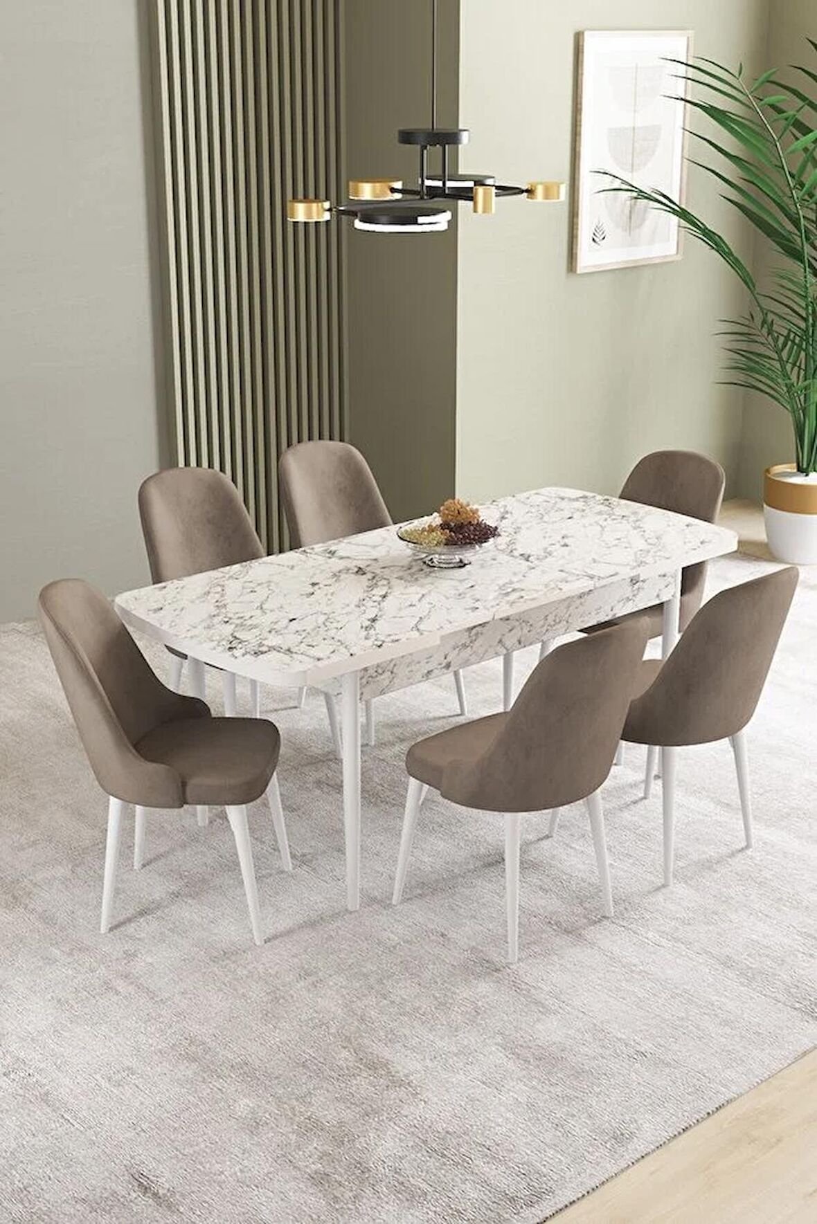 İkon Beyaz Mermer Desen 80x132 Açılabilir Mdf Yemek Odası Takımı 6 Adet Sandalye
