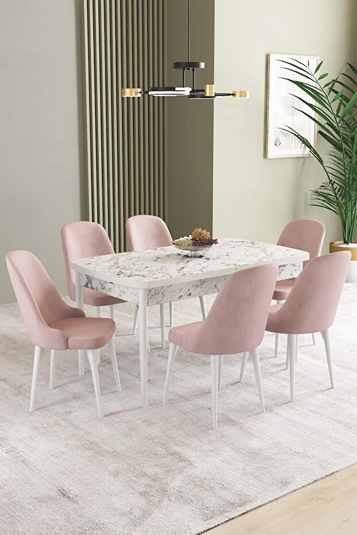 İkon Beyaz Mermer Desen 80x132 Açılabilir Mdf Yemek Odası Takımı 6 Adet Sandalye