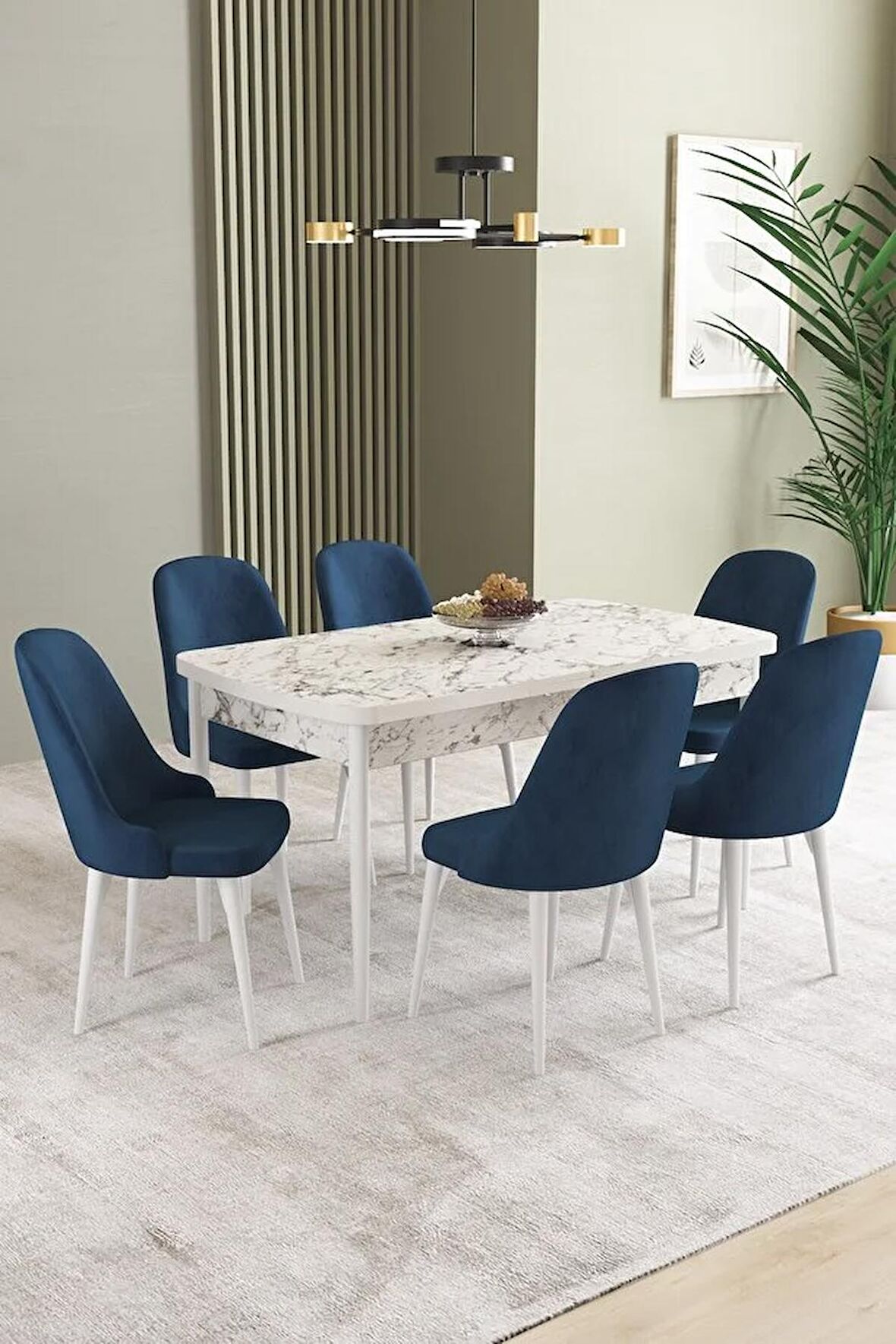 İkon Beyaz Mermer Desen 80x132 Açılabilir Mdf Yemek Odası Takımı 6 Adet Sandalye