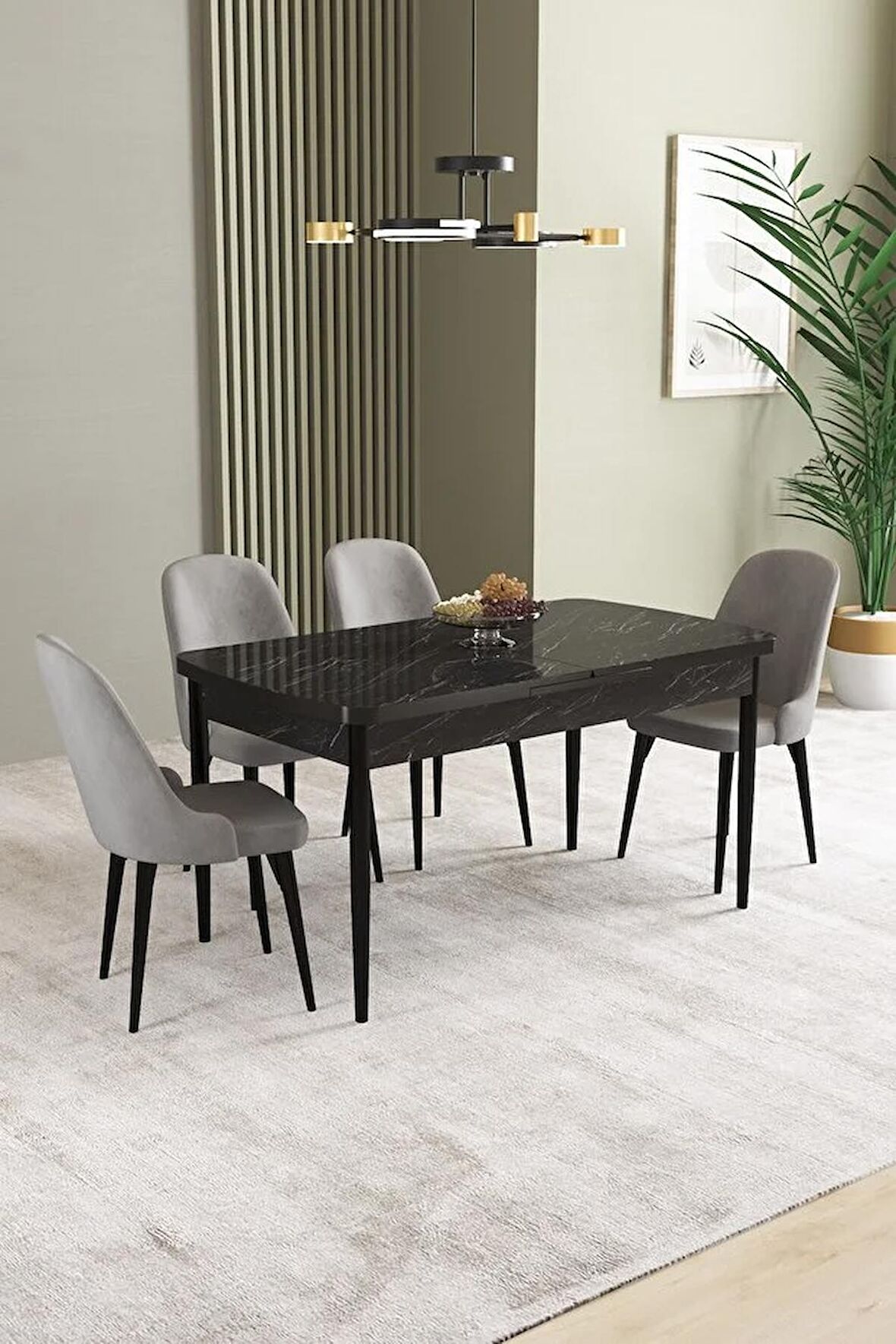 İkon Siyah Mermer Desen 80x132 Açılabilir Mdf Yemek Odası Takımı 4 Adet Sandalye