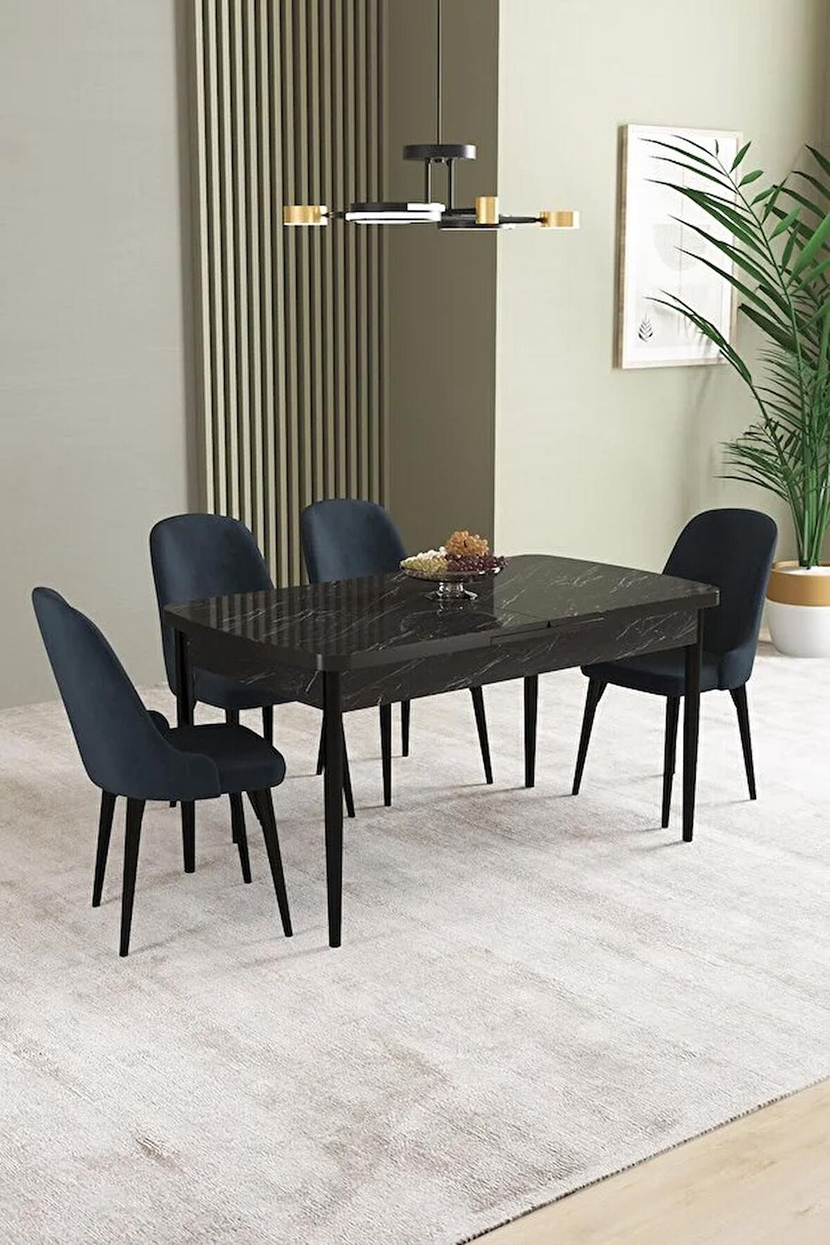 İkon Siyah Mermer Desen 80x132 Açılabilir Mdf Yemek Odası Takımı 4 Adet Sandalye