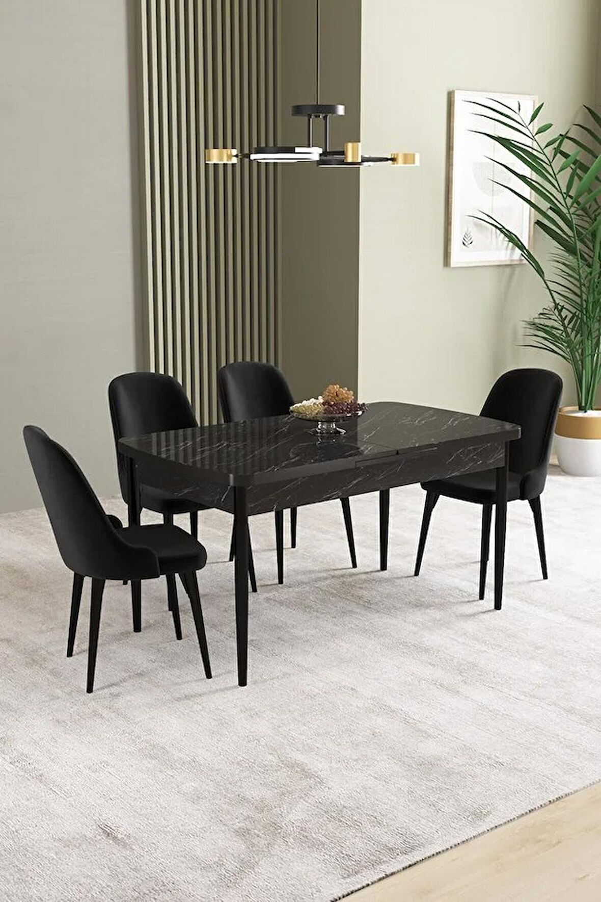 İkon Siyah Mermer Desen 80x132 Açılabilir Mdf Yemek Odası Takımı 4 Adet Sandalye
