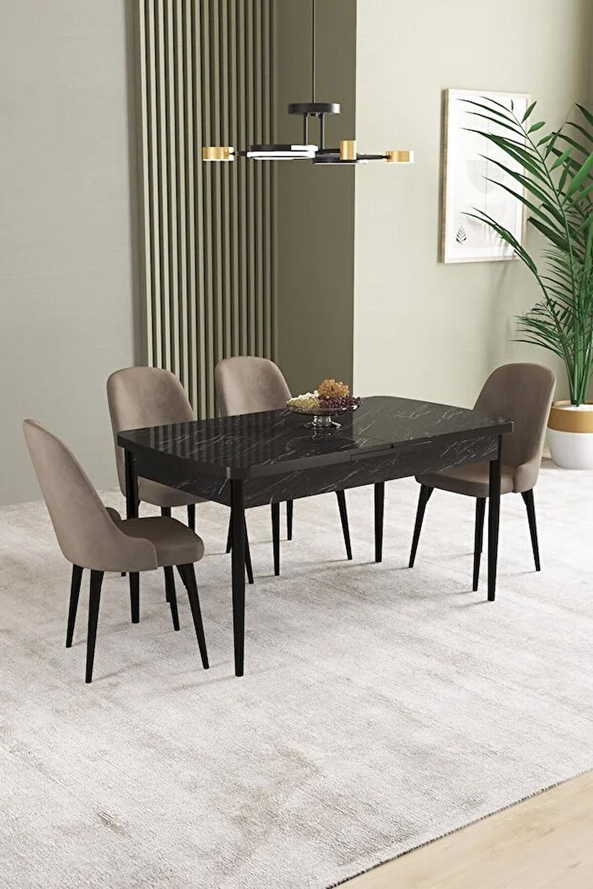 İkon Siyah Mermer Desen 80x132 Açılabilir Mdf Yemek Odası Takımı 4 Adet Sandalye