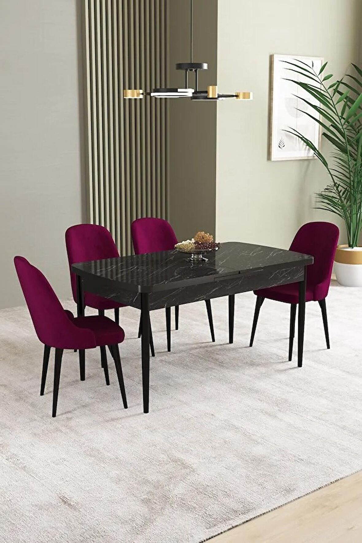 İkon Siyah Mermer Desen 80x132 Açılabilir Mdf Yemek Odası Takımı 4 Adet Sandalye
