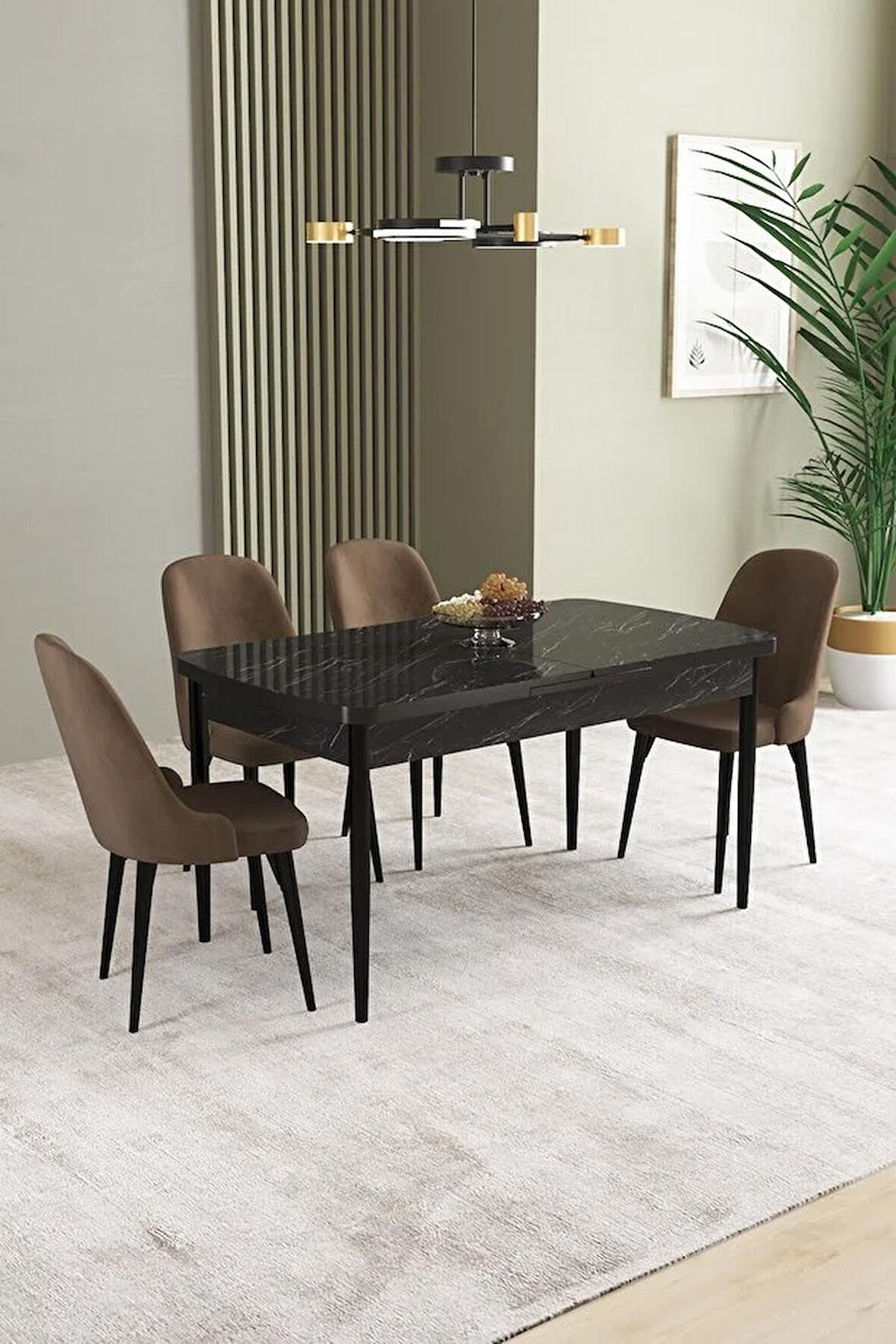İkon Siyah Mermer Desen 80x132 Açılabilir Mdf Yemek Odası Takımı 4 Adet Sandalye