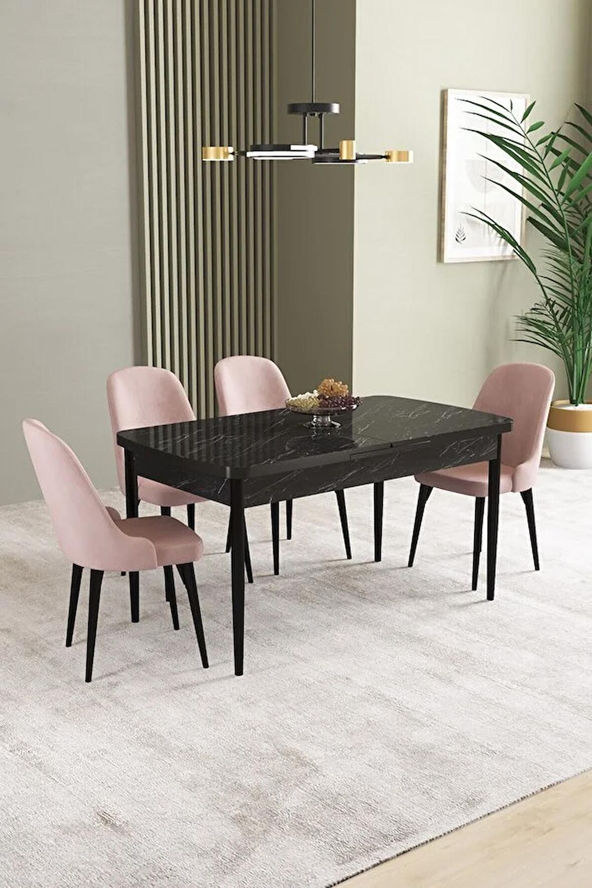 İkon Siyah Mermer Desen 80x132 Açılabilir Mdf Yemek Odası Takımı 4 Adet Sandalye