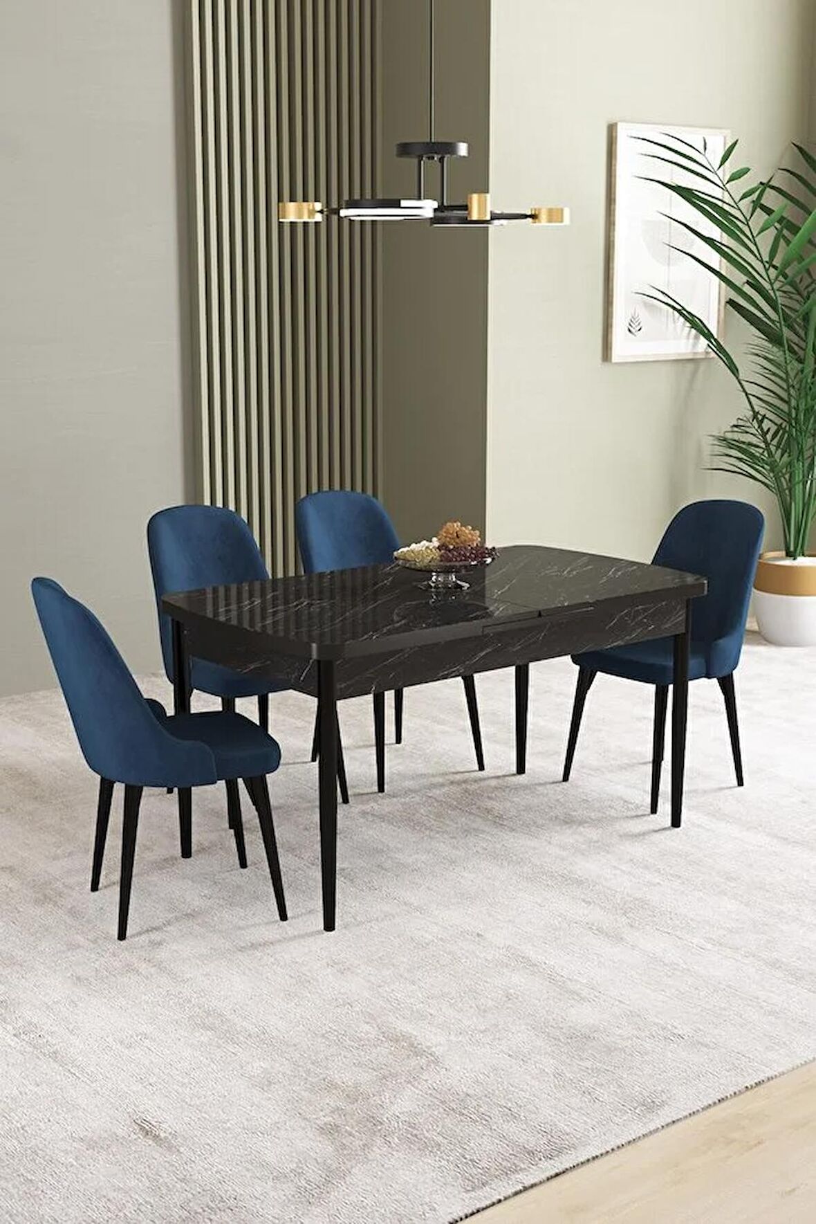 İkon Siyah Mermer Desen 80x132 Açılabilir Mdf Yemek Odası Takımı 4 Adet Sandalye
