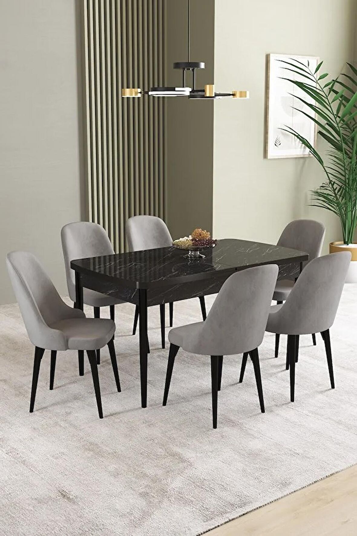 İkon Siyah Mermer Desen 80x132 Açılabilir Mdf Yemek Odası Takımı 6 Adet Sandalye