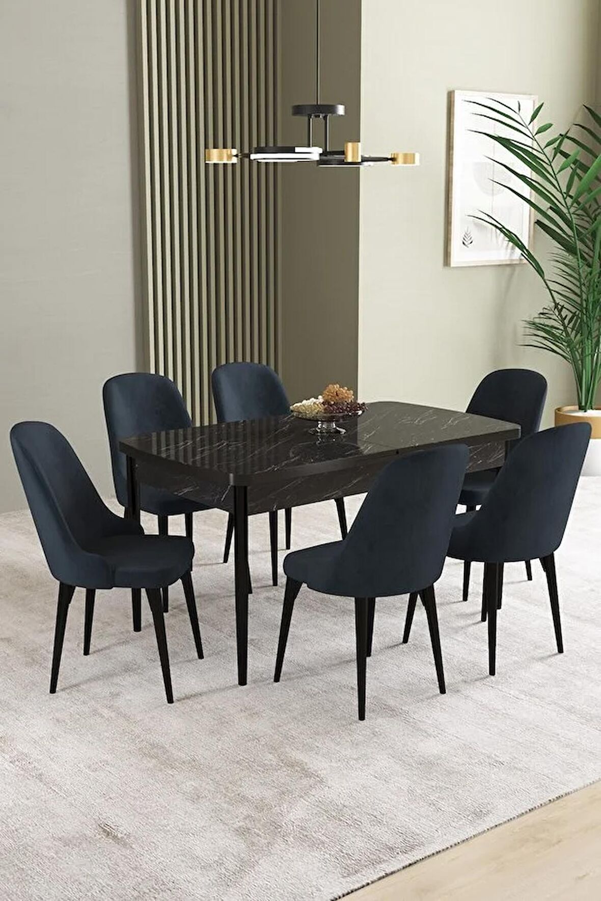 İkon Siyah Mermer Desen 80x132 Açılabilir Mdf Yemek Odası Takımı 6 Adet Sandalye