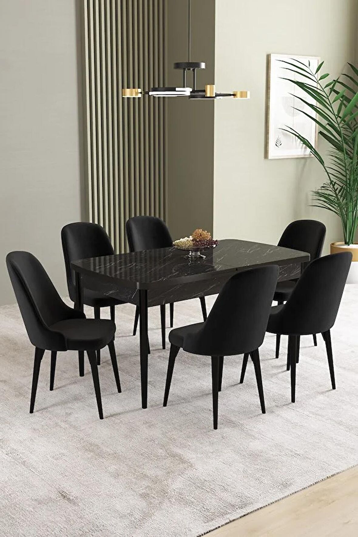 İkon Siyah Mermer Desen 80x132 Açılabilir Mdf Yemek Odası Takımı 6 Adet Sandalye