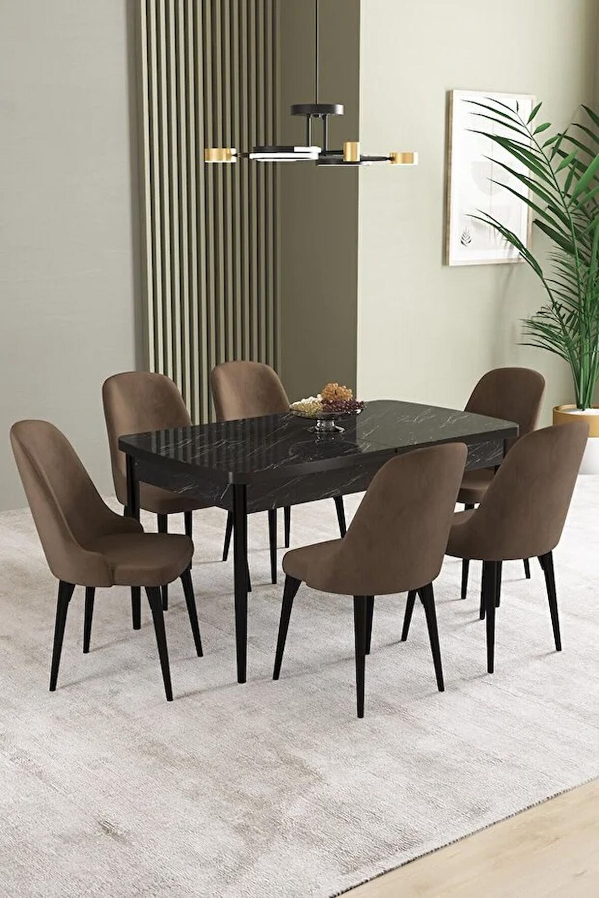 İkon Siyah Mermer Desen 80x132 Açılabilir Mdf Yemek Odası Takımı 6 Adet Sandalye