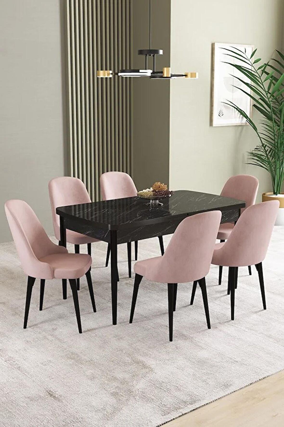 İkon Siyah Mermer Desen 80x132 Açılabilir Mdf Yemek Odası Takımı 6 Adet Sandalye