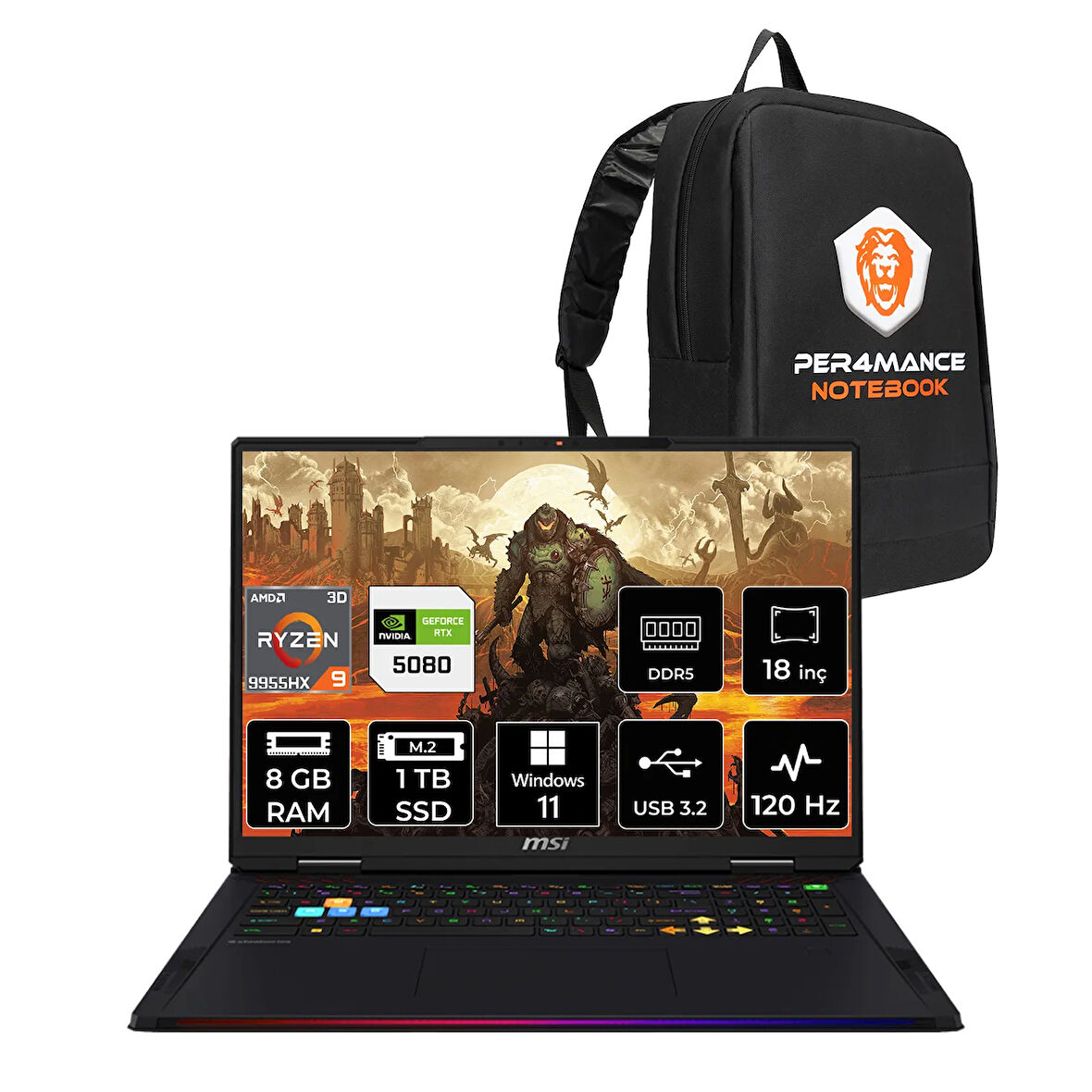 MSI Raider A18 HX R9 9955HX3D 8GB 1TB SSD RTX5080/16GB 175W 18'' UHD+ W11P Gaming Laptop