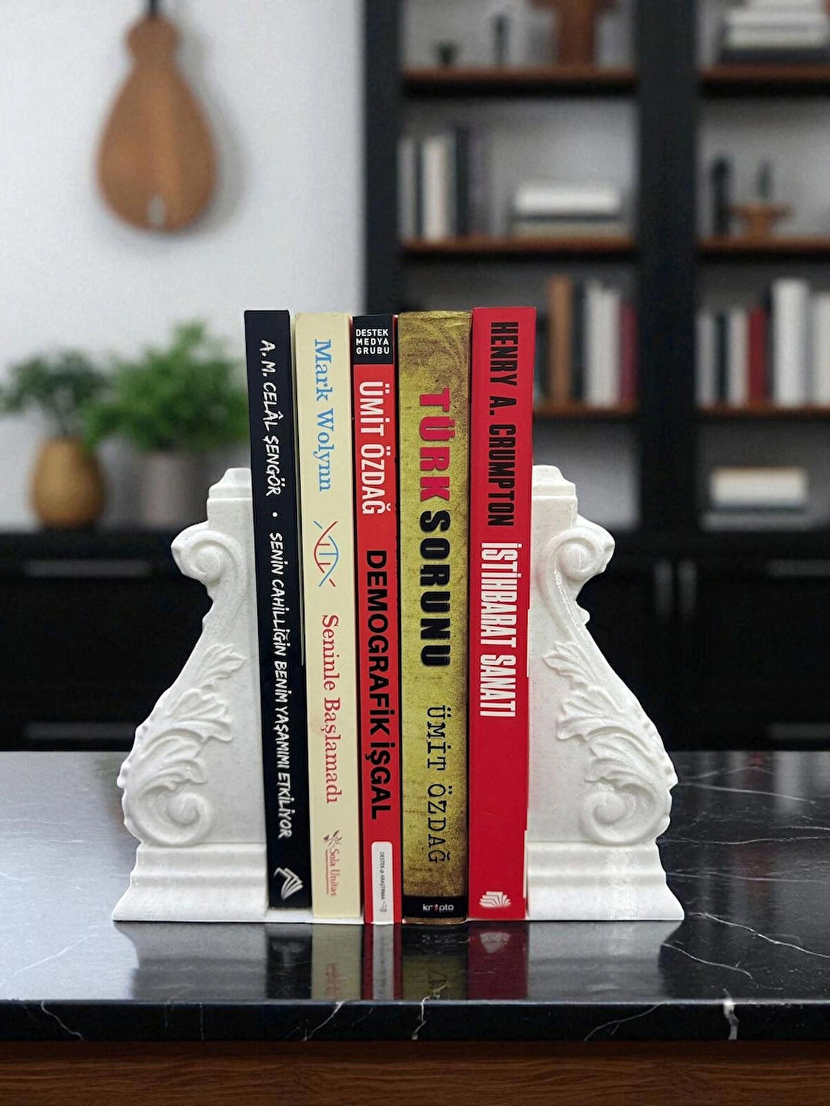 Klasik Motifli Dekoratif Kitap Tutucu-Mermer Görünümlü 2'li set-Şık Kitaplık Aksesuarı